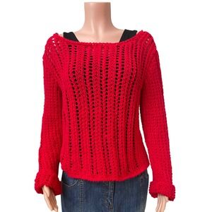 Hand knit red sweater‎ Sz Large, loose knit, lightweight, long sleeve, boatneck